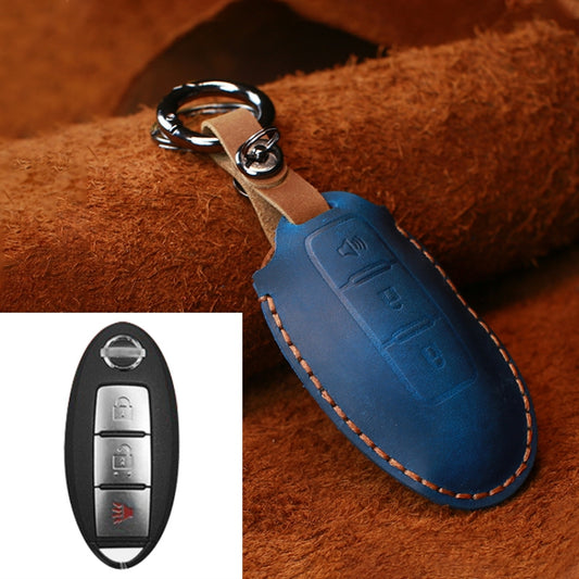 For Nissan Car Cowhide Leather Key Protective Cover Key Case, Three Keys Horn Version (Blue) by buy2fix