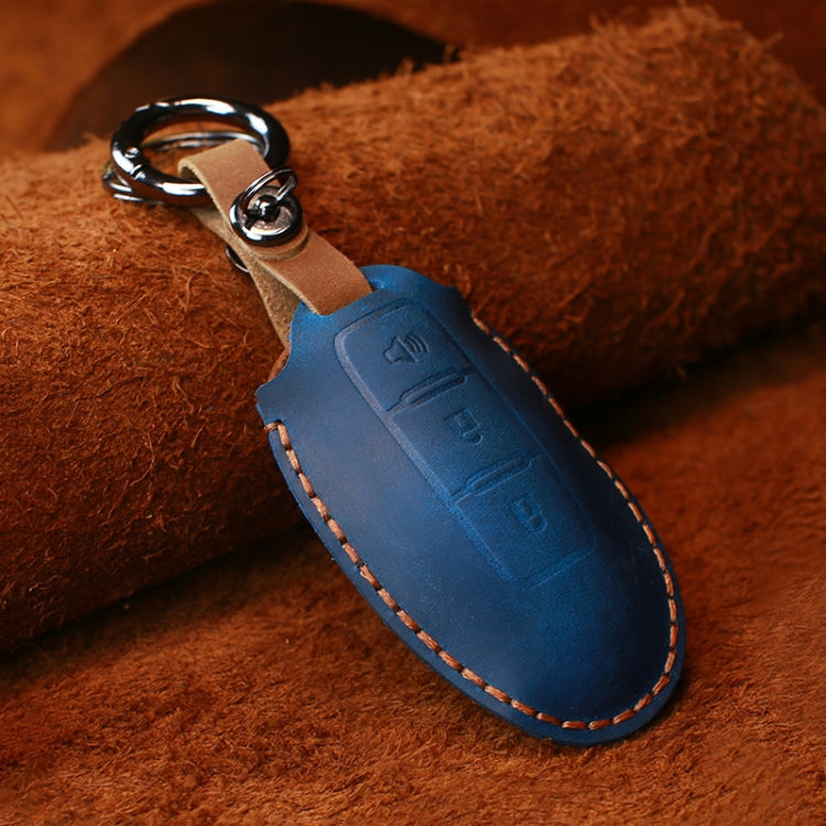 For Nissan Car Cowhide Leather Key Protective Cover Key Case, Three Keys Horn Version (Blue) by buy2fix
