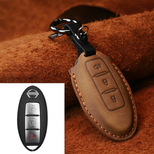 For Nissan Car Cowhide Leather Key Protective Cover Key Case, Three Keys Horn Version (Brown) - Car Key Cases by buy2fix | Online Shopping UK | buy2fix