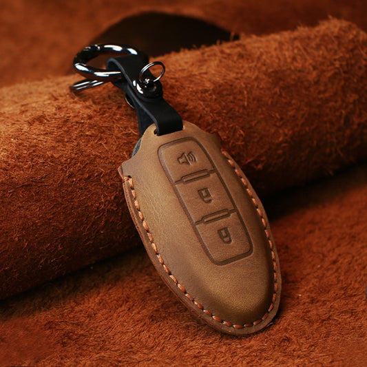 For Nissan Car Cowhide Leather Key Protective Cover Key Case, Three Keys Horn Version (Brown) - Car Key Cases by buy2fix | Online Shopping UK | buy2fix
