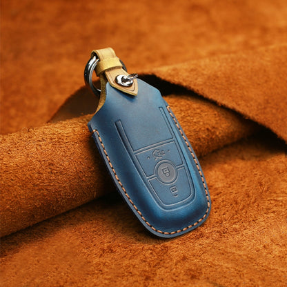 For Ford Car Cowhide Leather Key Protective Cover Key Case, Three Keys Version (Blue) by buy2fix