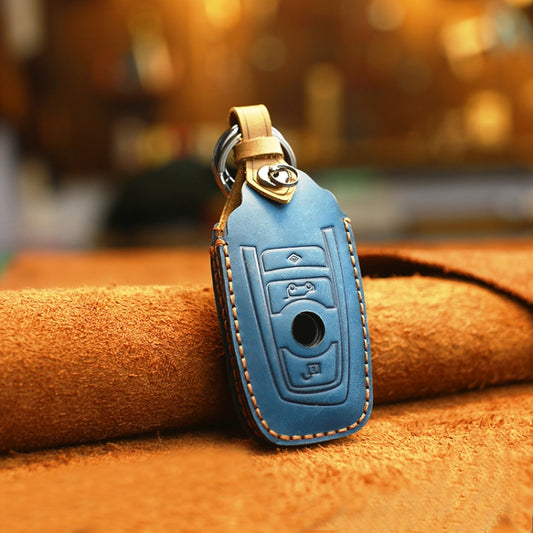 For BMW Old Style Car Cowhide Leather Key Protective Cover Key Case, Three Keys Version (Blue) by buy2fix