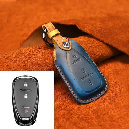 For Chevrolet Car Cowhide Leather Key Protective Cover Key Case, Three Keys Version (Blue) by buy2fix