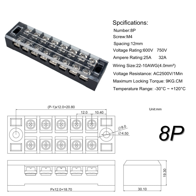5 PCS Car 8-way 25A TB-2508 Dual Row Power Terminal Connector + 8-position Connection Strip with Cover - Booster Cable & Clip by buy2fix | Online Shopping UK | buy2fix