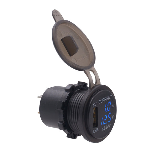 Universal Car Single Port USB Charger Power Outlet Adapter 2.4A 5V IP66 with LED Digital Voltmeter + Ammeter + 60cm Cable(Blue Light) - DIY Modified Charger by buy2fix | Online Shopping UK | buy2fix