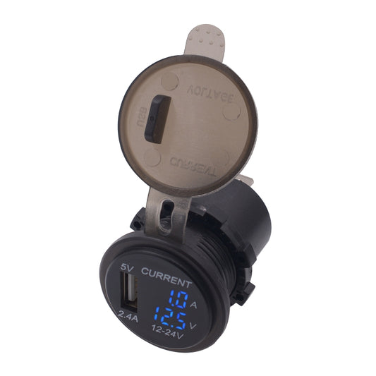 Universal Car Single Port USB Charger Power Outlet Adapter 2.4A 5V IP66 with LED Digital Voltmeter + Ammeter(Blue Light) - DIY Modified Charger by buy2fix | Online Shopping UK | buy2fix