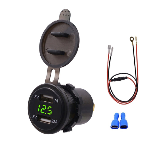Universal Car Dual Port USB Charger Power Outlet Adapter 3.1A 5V IP66 with LED Digital Voltmeter + 60cm Cable(Green Light) - DIY Modified Charger by buy2fix | Online Shopping UK | buy2fix