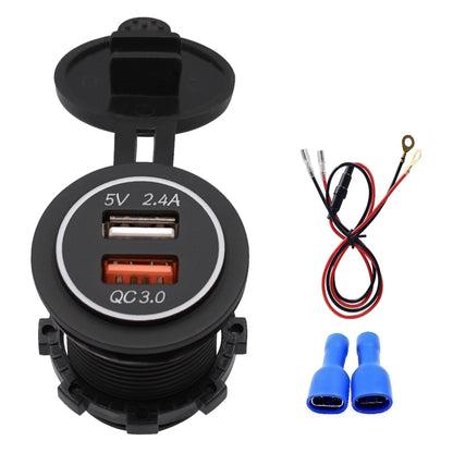 Universal Car QC3.0 Dual Port USB Charger Power Outlet Adapter 5V 2.4A IP66 with 60cm Cable(Blue Light) - DIY Modified Charger by buy2fix | Online Shopping UK | buy2fix