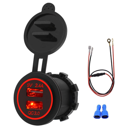 Universal Car QC3.0 Dual Port USB Charger Power Outlet Adapter 5V 2.4A IP66 with 60cm Cable(Red Light) - DIY Modified Charger by buy2fix | Online Shopping UK | buy2fix