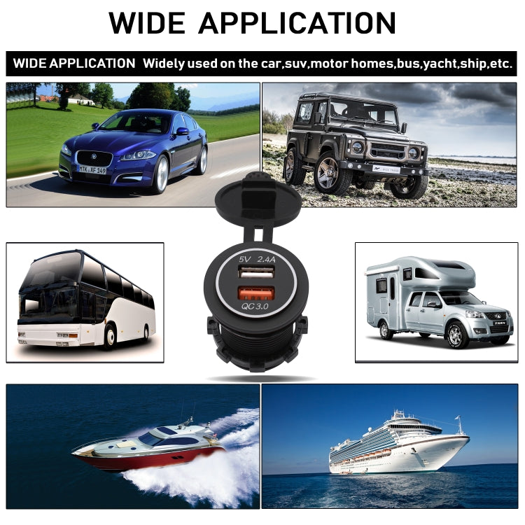 Universal Car QC3.0 Dual Port USB Charger Power Outlet Adapter 5V 2.4A IP66 with 60cm Cable(White Light) - DIY Modified Charger by buy2fix | Online Shopping UK | buy2fix