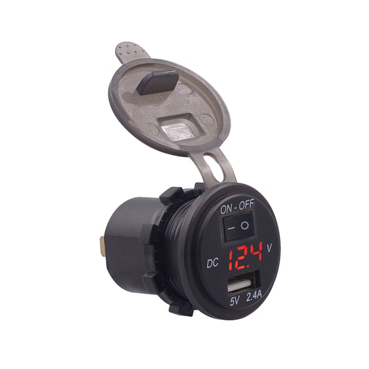 Universal Car Single Port USB Charger Power Outlet Adapter 2.4A 5V IP66 with LED Digital Voltmeter + Switch + 60cm Cable(Red Light) - DIY Modified Charger by buy2fix | Online Shopping UK | buy2fix