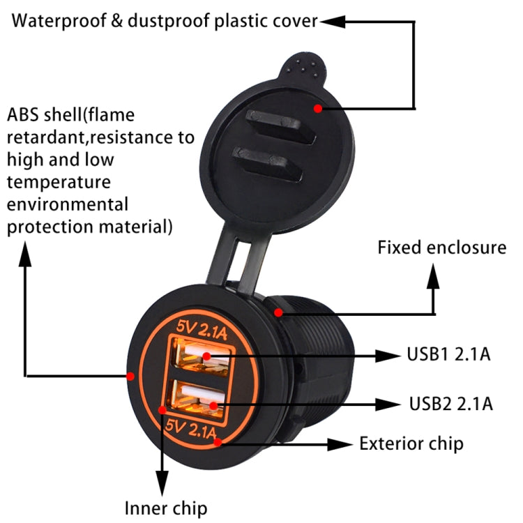 Universal Car Dual USB Charger Power Outlet Adapter 4.2A 5V IP66 with Aperture + 60cm Cable(Orange Light) - DIY Modified Charger by buy2fix | Online Shopping UK | buy2fix