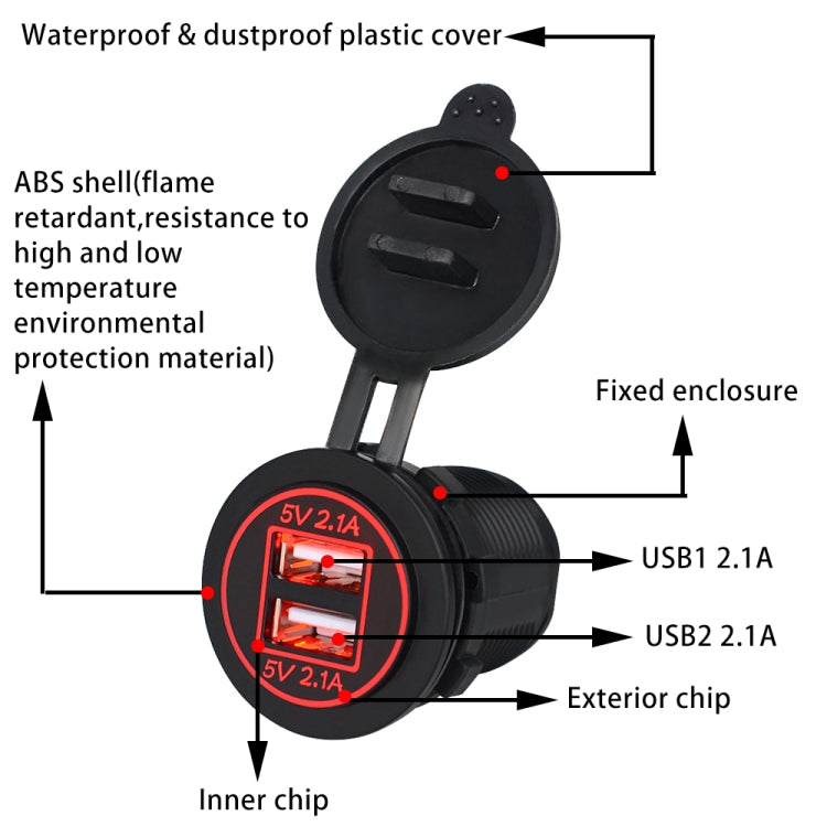 Universal Car Dual USB Charger Power Outlet Adapter 4.2A 5V IP66 with Aperture + 60cm Cable(Red Light) - DIY Modified Charger by buy2fix | Online Shopping UK | buy2fix