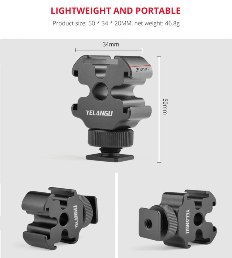 YELANGU YLG0601A A68 3-Head Cold Shoe Mount Adapter Microphone Flash Light Metal Holder Bracket(Black) - Tripod Heads by YELANGU | Online Shopping UK | buy2fix