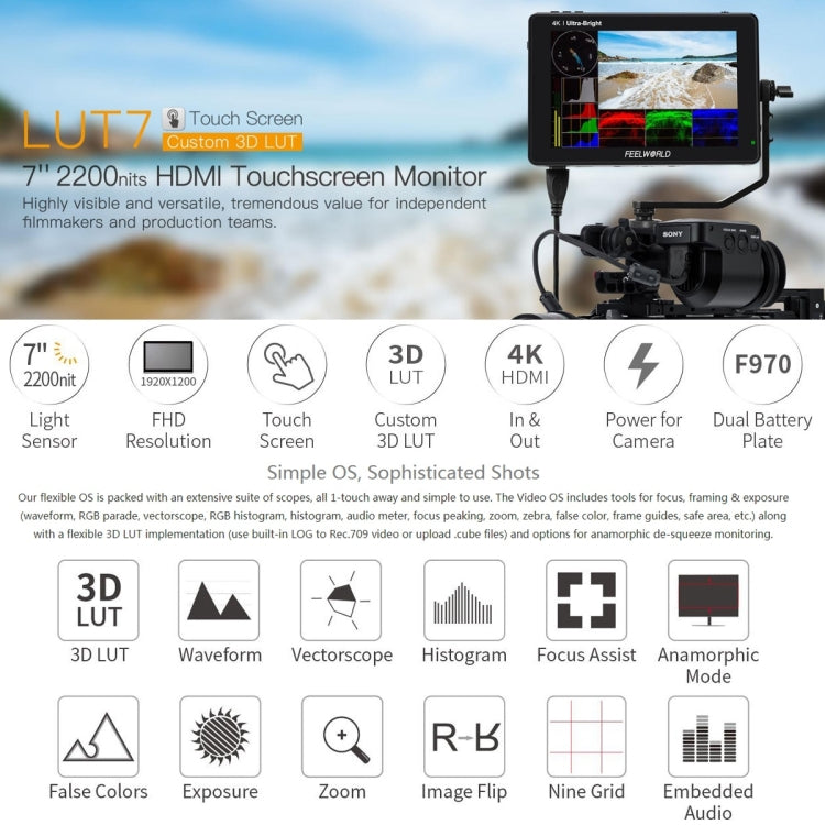 FEELWORLD LUT7 1920x1200 2200 nits 7 inch IPS Screen HDMI 4K Touch Screen Camera Field Monitor - On-camera Monitors by FEELWORLD | Online Shopping UK | buy2fix