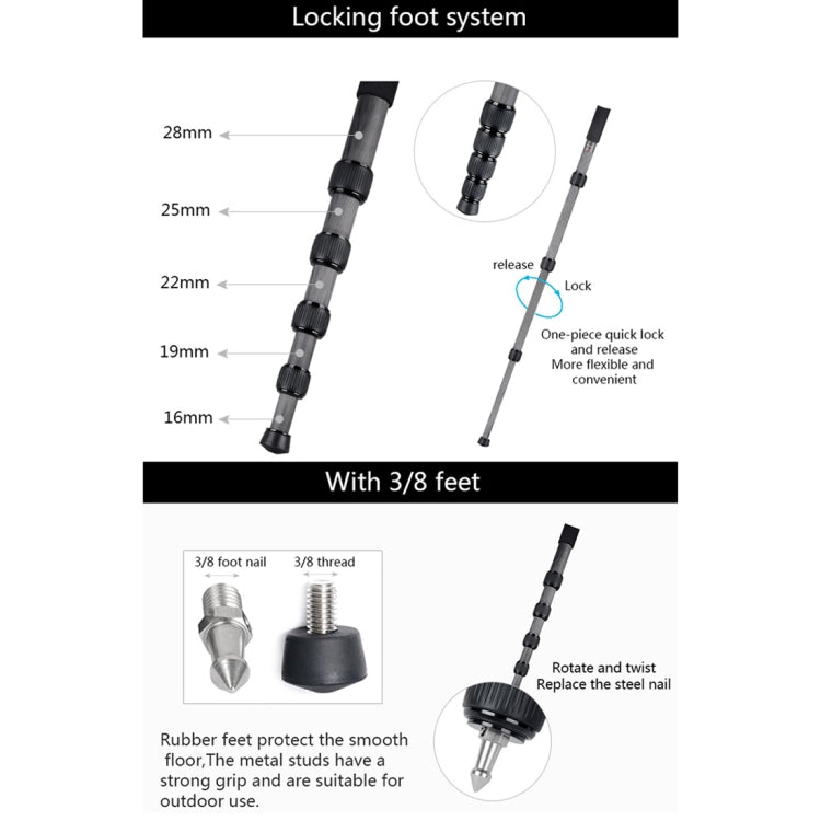BEXIN MCS285 Portable Travel Outdoor DSLR Camera Carbon Fiber Monopod Holder (Black) - Monopods by BEXIN | Online Shopping UK | buy2fix