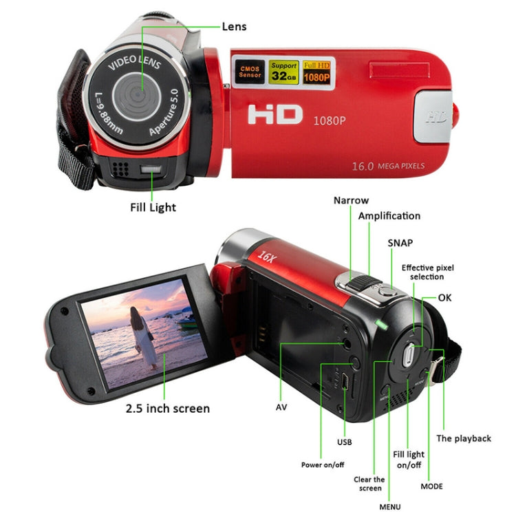 16X Digital Zoom HD 16 Million Pixel Home Travel DV Camera, AU Plug (Red) - Video Cameras by buy2fix | Online Shopping UK | buy2fix