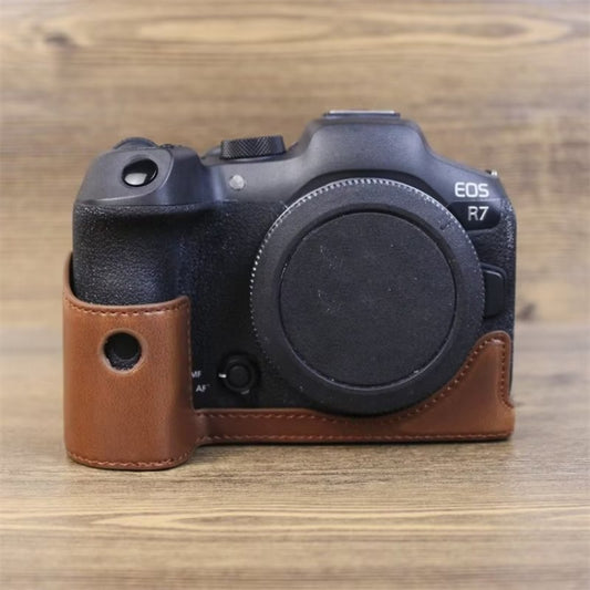 For Canon EOS R7 1/4 inch Thread PU Leather Camera Half Case Base (Coffee) by buy2fix