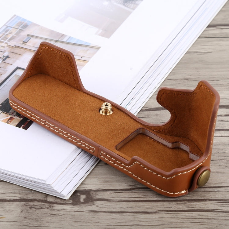 1/4 inch Thread PU Leather Camera Half Case Base for Olympus EM5 / EM5 Mark II (Brown) - Half Case by buy2fix | Online Shopping UK | buy2fix