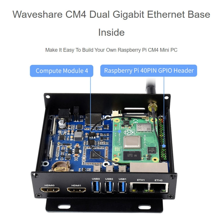 Waveshare Dual Gigabit Ethernet Mini-Computer with Metal Case & Cooling Fan for Raspberry Pi CM4(EU Plug) by WAVESHARE