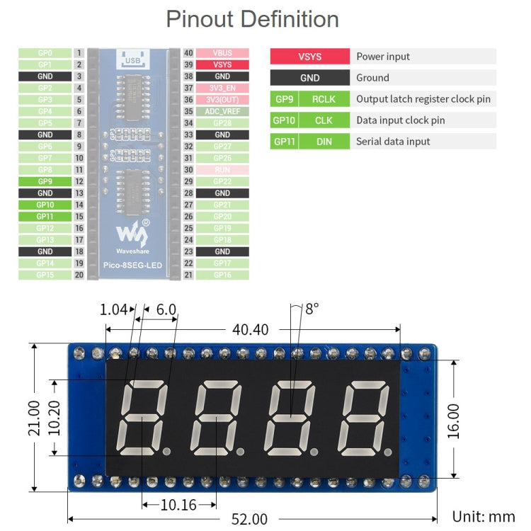 WAVESHARE 4-digit 8-segment Display Module for Raspberry Pi Pico, SPI-compatible by WAVESHARE