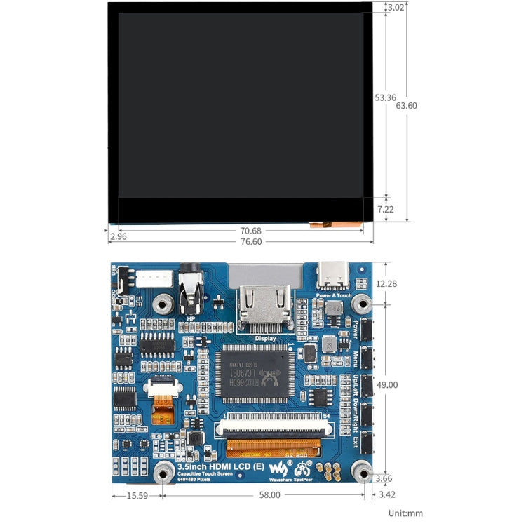 Waveshare 3.5 inch HDMI Capacitive Touch IPS LCD Display (E), 640 x 480, Audio Jack by WAVESHARE