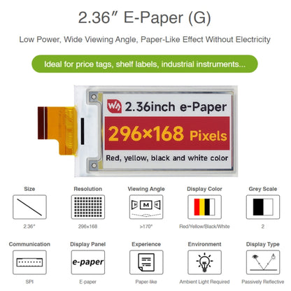 Waveshare 2.36 inch 296 x 168 Red Yellow Black White E-Paper (G) Raw Display Panel by WAVESHARE