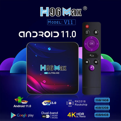 H96 Max V11 4K Smart TV BOX Android 11.0 Media Player with Remote Control, RK3318 Quad-Core 64bit Cortex-A53, RAM: 4GB, ROM: 64GB, Support Dual Band WiFi, Bluetooth, Ethernet, AU Plug - Consumer Electronics by buy2fix | Online Shopping UK | buy2fix