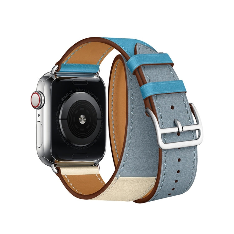 Two Color Double Loop Leather Wrist Strap Watch Band for Apple Watch Series 3 & 2 & 1 38mm, Color:Grey Blue+Pink White+Ice Blue by buy2fix