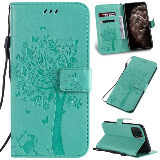 For iPhone 11 Pro Max Tree & Cat Pattern Pressed Printing Horizontal Flip PU Leather Case with Holder & Card Slots & Wallet & Lanyard (Green) - iPhone 11 Pro Max Cases by buy2fix | Online Shopping UK | buy2fix