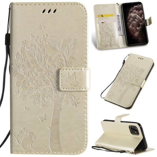 For iPhone 11 Pro Max Tree & Cat Pattern Pressed Printing Horizontal Flip PU Leather Case with Holder & Card Slots & Wallet & Lanyard (Gold) - iPhone 11 Pro Max Cases by buy2fix | Online Shopping UK | buy2fix