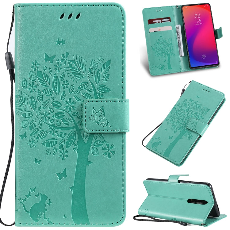 Tree & Cat Pattern Pressed Printing Horizontal Flip PU Leather Case with Holder & Card Slots & Wallet & Lanyard For Xiaomi Mi 9T & Mi 9T Pro & Redmi K20 & K20 Pro(Green) - Xiaomi Cases by buy2fix | Online Shopping UK | buy2fix