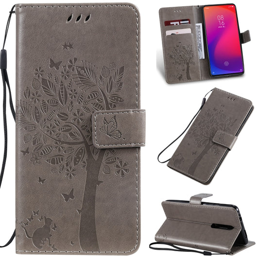Tree & Cat Pattern Pressed Printing Horizontal Flip PU Leather Case with Holder & Card Slots & Wallet & Lanyard For Xiaomi Mi 9T & Mi 9T Pro & Redmi K20 & K20 Pro(Grey) - Xiaomi Cases by buy2fix | Online Shopping UK | buy2fix