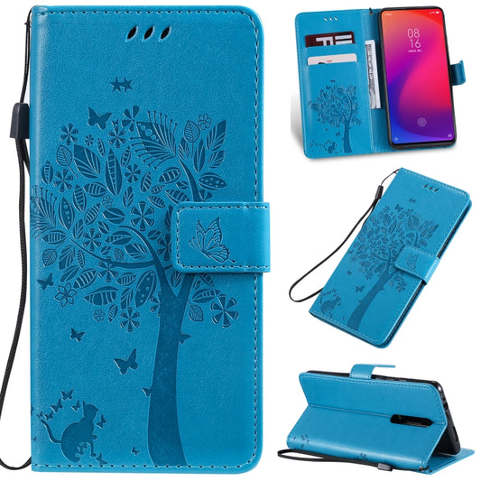 Tree & Cat Pattern Pressed Printing Horizontal Flip PU Leather Case with Holder & Card Slots & Wallet & Lanyard For Xiaomi Mi 9T & Mi 9T Pro & Redmi K20 & K20 Pro(Blue) - Xiaomi Cases by buy2fix | Online Shopping UK | buy2fix