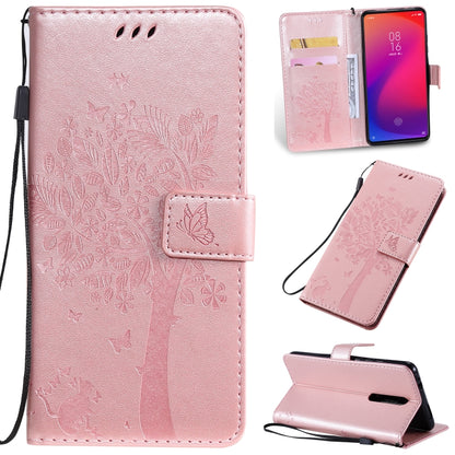 Tree & Cat Pattern Pressed Printing Horizontal Flip PU Leather Case with Holder & Card Slots & Wallet & Lanyard For Xiaomi Mi 9T & Mi 9T Pro & Redmi K20 & K20 Pro(Rose Gold) - Xiaomi Cases by buy2fix | Online Shopping UK | buy2fix