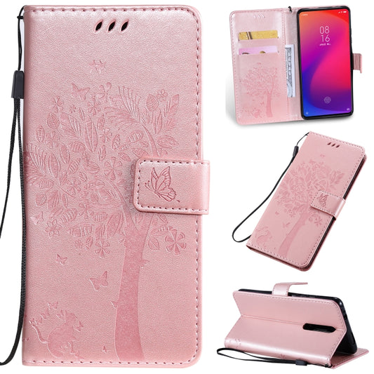 Tree & Cat Pattern Pressed Printing Horizontal Flip PU Leather Case with Holder & Card Slots & Wallet & Lanyard For Xiaomi Mi 9T & Mi 9T Pro & Redmi K20 & K20 Pro(Rose Gold) - Xiaomi Cases by buy2fix | Online Shopping UK | buy2fix