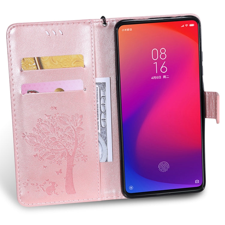 Tree & Cat Pattern Pressed Printing Horizontal Flip PU Leather Case with Holder & Card Slots & Wallet & Lanyard For Xiaomi Mi 9T & Mi 9T Pro & Redmi K20 & K20 Pro(Rose Gold) - Xiaomi Cases by buy2fix | Online Shopping UK | buy2fix
