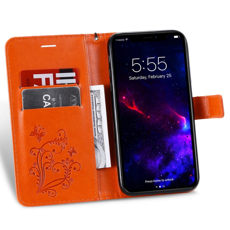 For iPhone 11 Pressed Printing Butterfly Pattern Horizontal Flip PU Leather Case with Holder & Card Slots & Wallet & Lanyard (Orange) - iPhone 11 Cases by buy2fix | Online Shopping UK | buy2fix