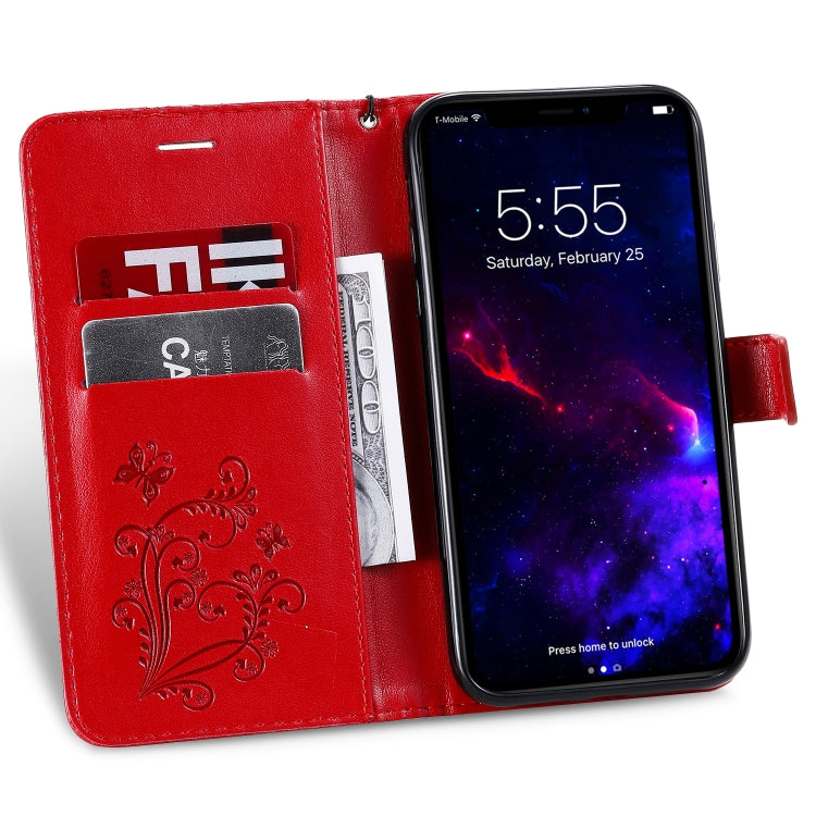 For iPhone 11 Pressed Printing Butterfly Pattern Horizontal Flip PU Leather Case with Holder & Card Slots & Wallet & Lanyard (Red) - iPhone 11 Cases by buy2fix | Online Shopping UK | buy2fix