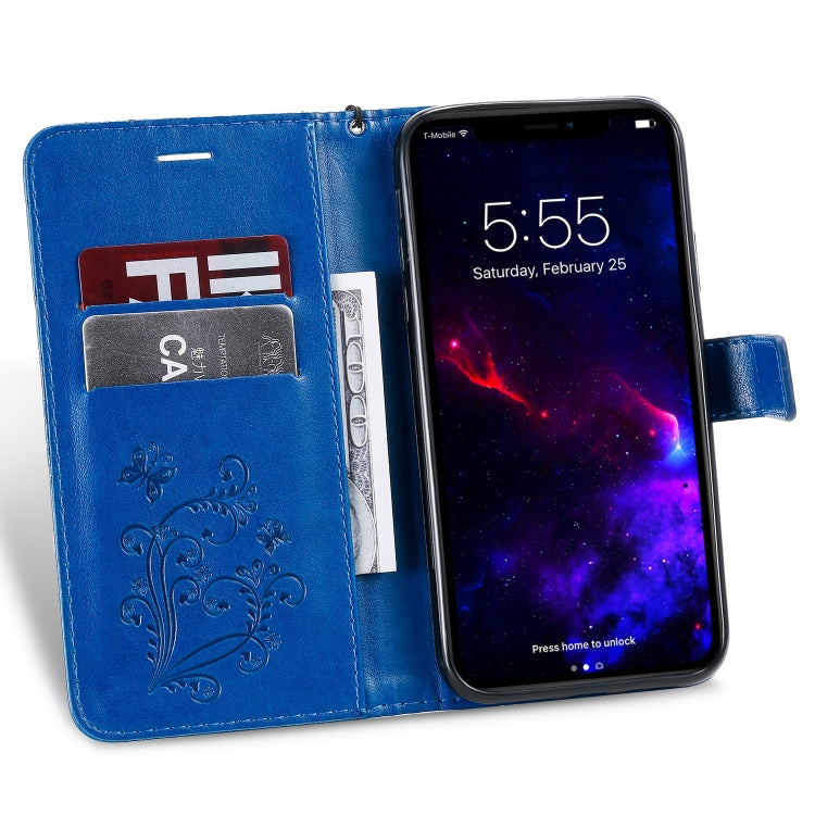 For iPhone 11 Pressed Printing Butterfly Pattern Horizontal Flip PU Leather Case with Holder & Card Slots & Wallet & Lanyard (Blue) - iPhone 11 Cases by buy2fix | Online Shopping UK | buy2fix