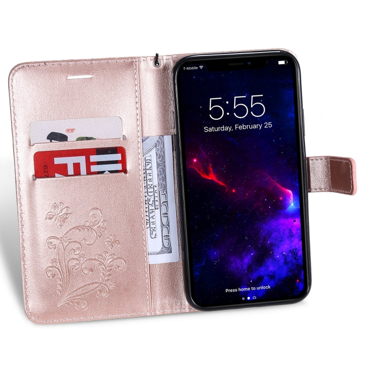 For iPhone 11 Pressed Printing Butterfly Pattern Horizontal Flip PU Leather Case with Holder & Card Slots & Wallet & Lanyard (Rose Gold) - iPhone 11 Cases by buy2fix | Online Shopping UK | buy2fix