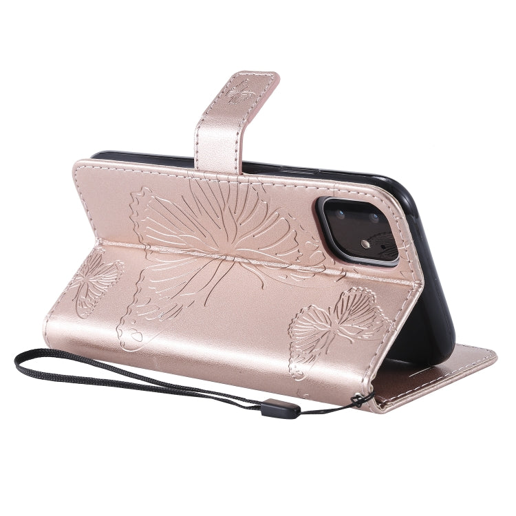 For iPhone 11 Pressed Printing Butterfly Pattern Horizontal Flip PU Leather Case with Holder & Card Slots & Wallet & Lanyard (Rose Gold) - iPhone 11 Cases by buy2fix | Online Shopping UK | buy2fix
