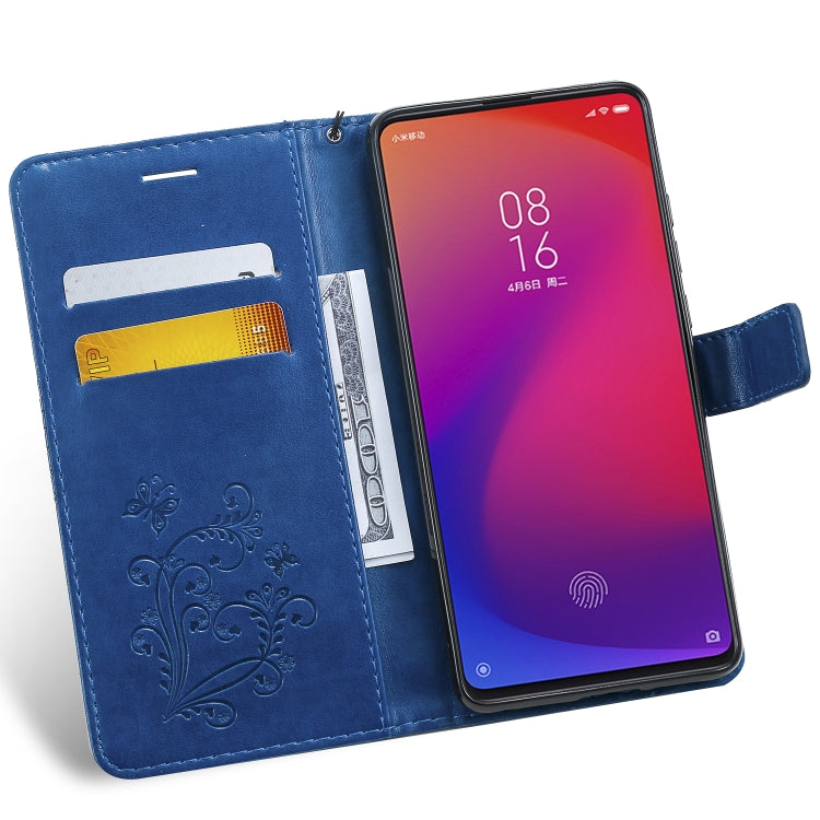 Pressed Printing Butterfly Pattern Horizontal Flip PU Leather Case with Holder & Card Slots & Wallet & Lanyard For Xiaomi Mi 9T & Mi 9T Pro & Redmi K20 & K20 Pro(Blue) - Xiaomi Cases by buy2fix | Online Shopping UK | buy2fix