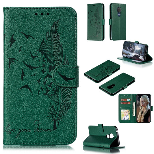 Feather Pattern Litchi Texture Horizontal Flip Leather Case with Wallet & Holder & Card Slots For Motorola Moto G7 Power(Green) - Motorola Cases by buy2fix | Online Shopping UK | buy2fix
