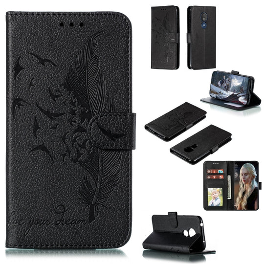Feather Pattern Litchi Texture Horizontal Flip Leather Case with Wallet & Holder & Card Slots For Motorola Moto G7 Power(Black)