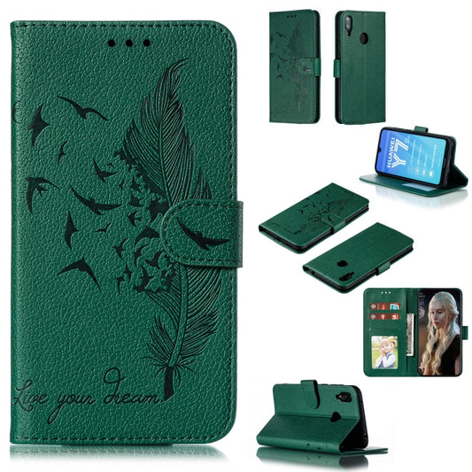 Feather Pattern Litchi Texture Horizontal Flip Leather Case with Wallet & Holder & Card Slots For Huawei Y7 (2019)(Green) - Huawei Cases by buy2fix | Online Shopping UK | buy2fix