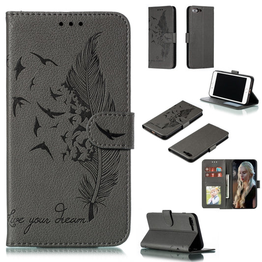 Feather Pattern Litchi Texture Horizontal Flip Leather Case with Wallet & Holder & Card Slots For iPhone 7 Plus / 8 Plus(Gray) - More iPhone Cases by buy2fix | Online Shopping UK | buy2fix