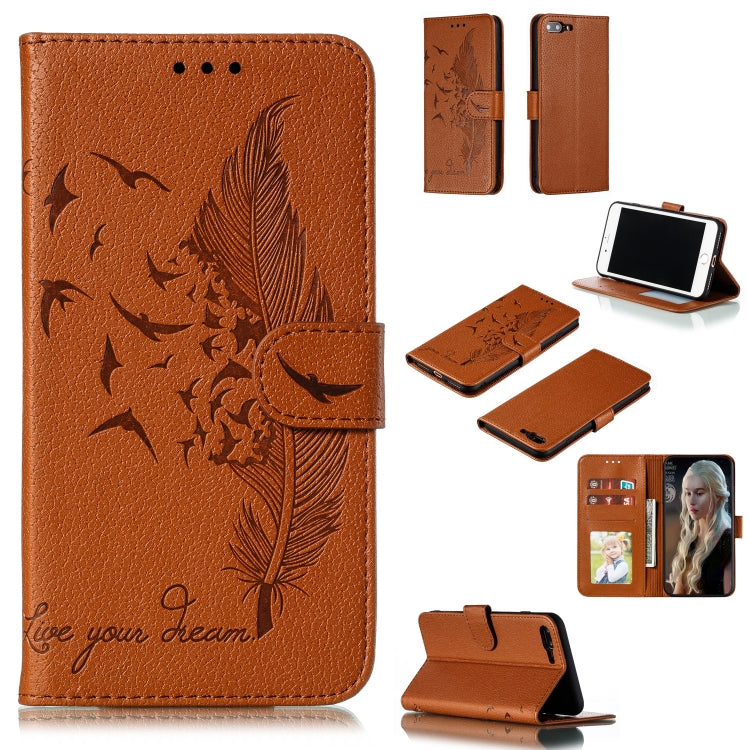 Feather Pattern Litchi Texture Horizontal Flip Leather Case with Wallet & Holder & Card Slots For iPhone 7 Plus / 8 Plus(Brown) - More iPhone Cases by buy2fix | Online Shopping UK | buy2fix