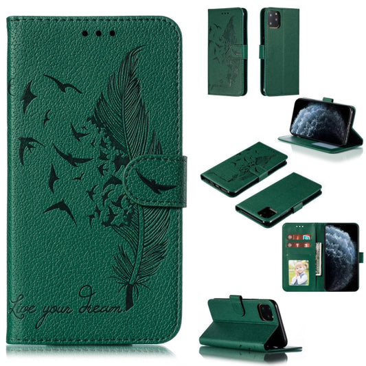 For iPhone 11 Pro Feather Pattern Litchi Texture Horizontal Flip Leather Case with Wallet & Holder & Card Slots (Green) - iPhone 11 Pro Cases by buy2fix | Online Shopping UK | buy2fix