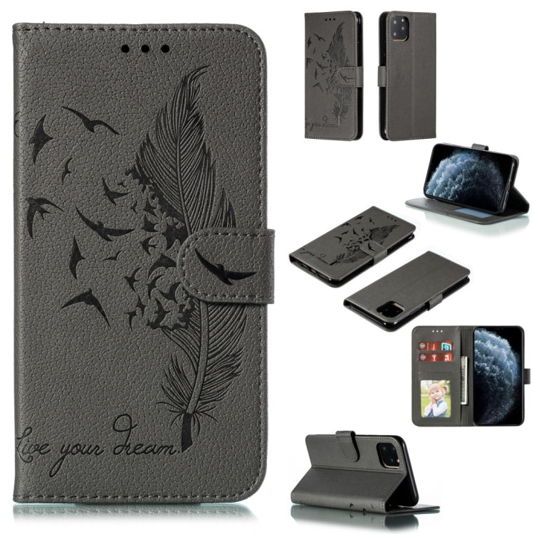 For iPhone 11 Pro Feather Pattern Litchi Texture Horizontal Flip Leather Case with Wallet & Holder & Card Slots (Gray) - iPhone 11 Pro Cases by buy2fix | Online Shopping UK | buy2fix